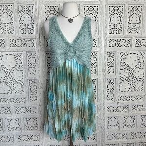 NWT Noelle Blue & Green V Neck Silk Blend Ruffle Y2K Style Dress Sz S/M
